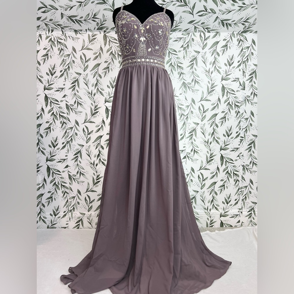 Chiffon Grey Prom A-Line/Princess sweetheart Sweep Train Beaded Sz 12 NWT‎ #6